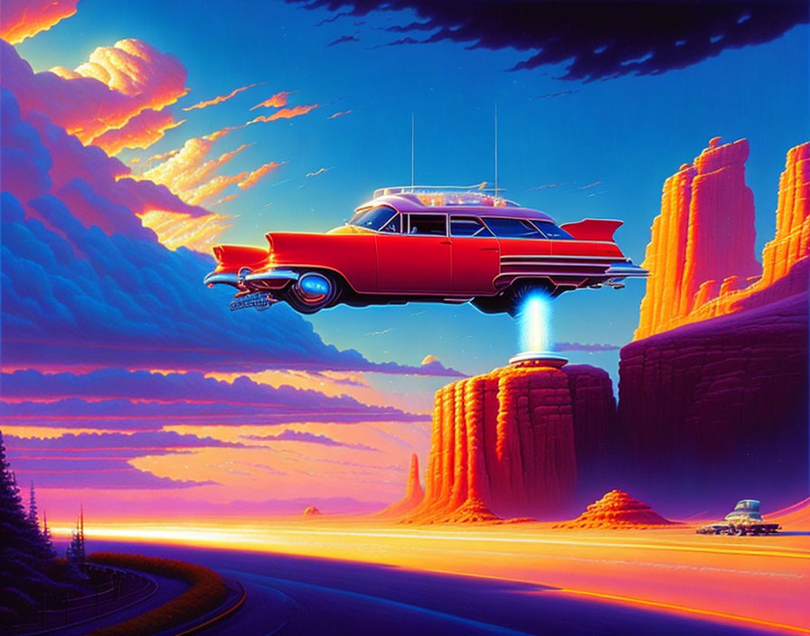 Vintage red car with jet propulsion soaring over surreal desert landscape.