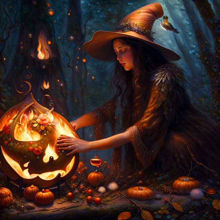 Woman carving pumpkin in enchanted forest at night