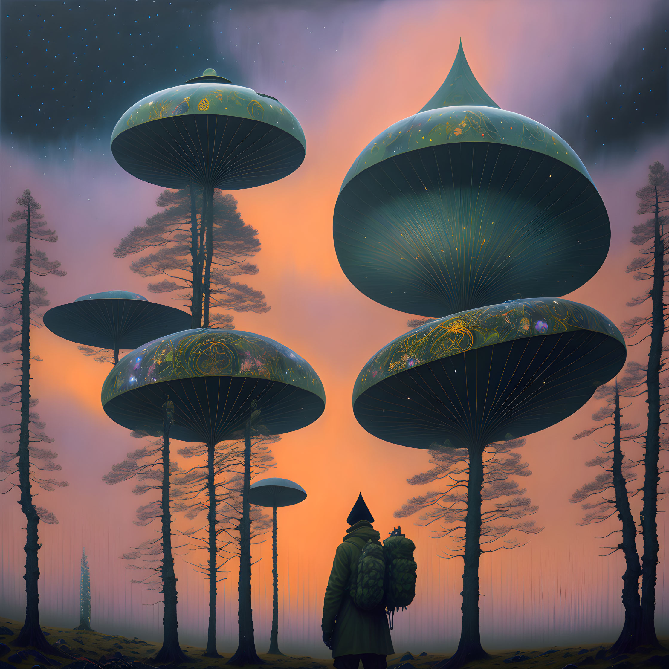 Hooded figure gazes at glowing mushroom structures in twilight forest