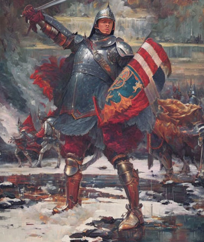 Knight in ornate armor with flag on snowy battlefield.