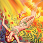 Colorful painting of woman with flowers and flames in warm hues