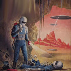 Astronaut on rocky alien landscape with floating rocks and spaceship