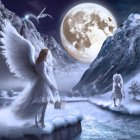 Woman in white dress by snowy riverbank under moonlight with flying bird