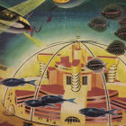 Retro-futuristic space scene with spacecraft, orange planet, and domed cities