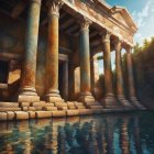 Ancient building ruins with ornate columns reflected in water.