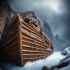 Wooden shipwreck on icy terrain with snow-covered cliffs and moody sky