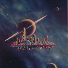 Futuristic floating city illustration with ringed planet in starry space