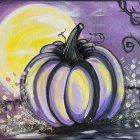 Striped pumpkin, yellow leaf, clear jar in watercolor painting on purple backdrop with blossoms.