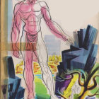 Anatomical figure displaying muscles and tissues on vibrant, floral backdrop