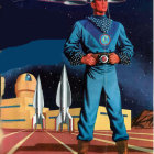 Astronaut in blue suit on planetary surface with futuristic city and spacecraft.