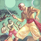 Three men in traditional dance under stylized moon and sun in watercolor painting