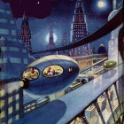 Futuristic cityscape with skyscrapers, flying vehicles, and starry sky