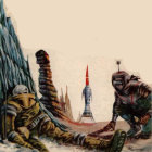 Three astronauts in retro space suits explore alien planet with unique rock formations and scattered equipment.