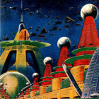 Futuristic cityscape with towering cylindrical structures and antennae.