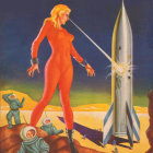 Orange spacesuit figure gazes at rocket in alien landscape with second figure observing sky