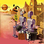 Robots with human-like features in ruins under orange sky with birds and tree.