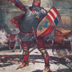 Knight in ornate armor with flag on snowy battlefield.