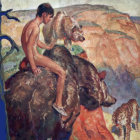 Muscular man with glasses on bear in jungle with leopard.