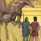 Two individuals in ornate attire confront a detailed mechanical dragon in a golden setting.