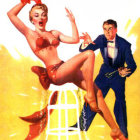 Vintage Illustration: Glamorous Woman in Gold Swimsuit with Man in Blue Suit Presenting Object