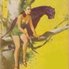 Fantasy artwork of woman in green and gold attire on crescent moon in dreamy yellow sky