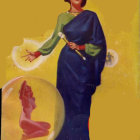 Woman in flowing robes against vibrant backdrop.