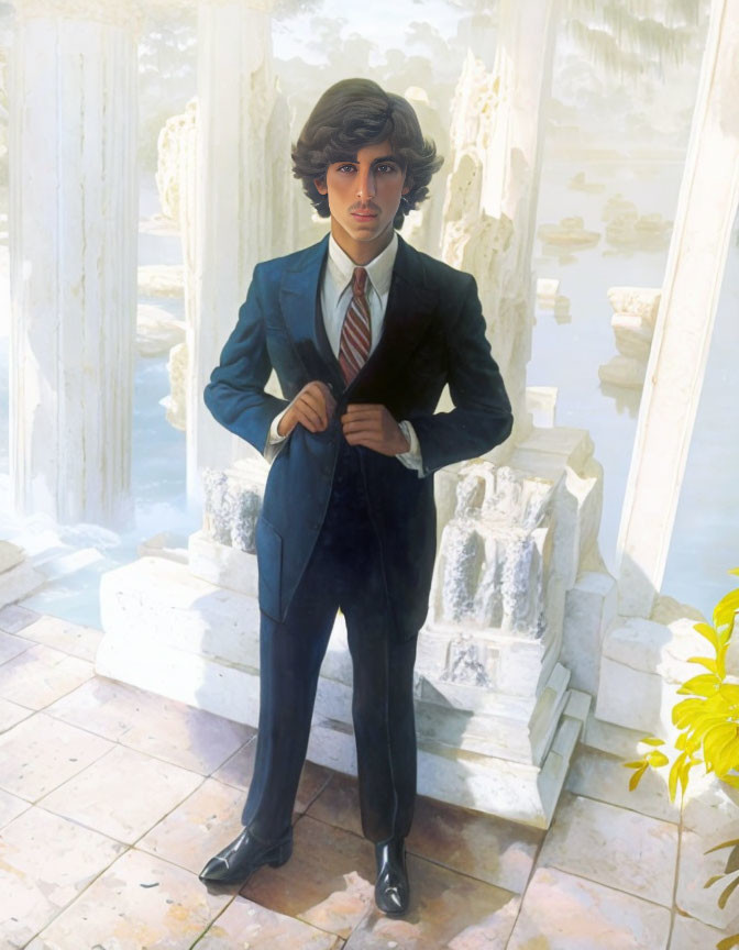 Young Man in Tailored Suit Against Classical Architecture