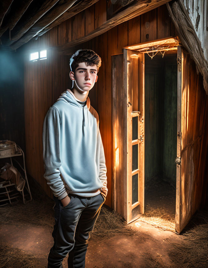 Young man in a dimly lit rustic barn setting