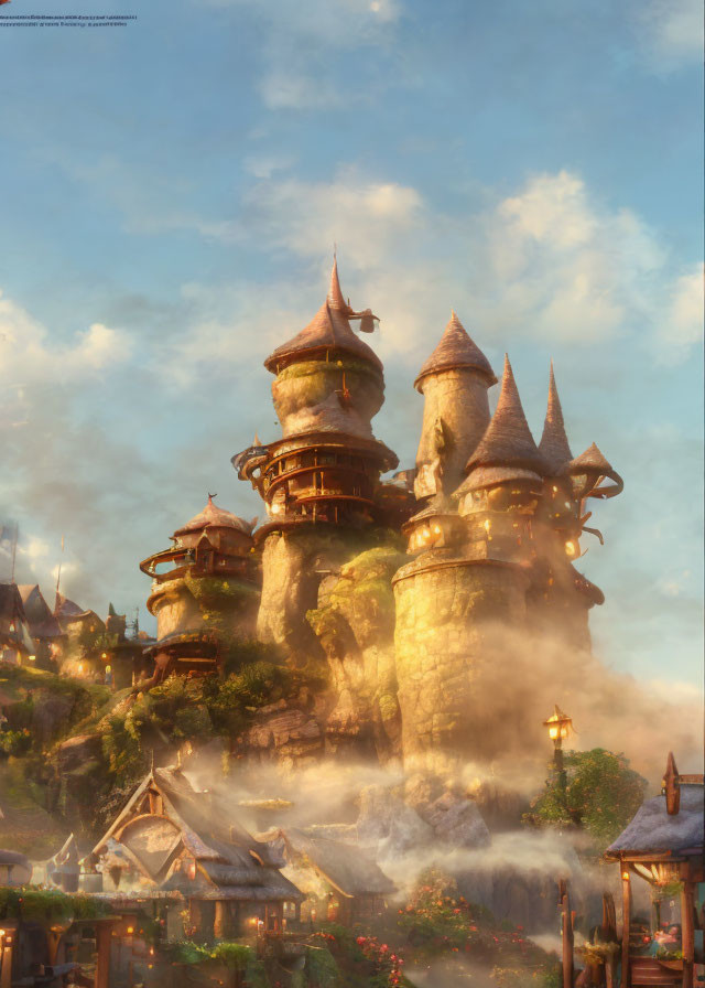 Enchanting castle on misty hill with golden light