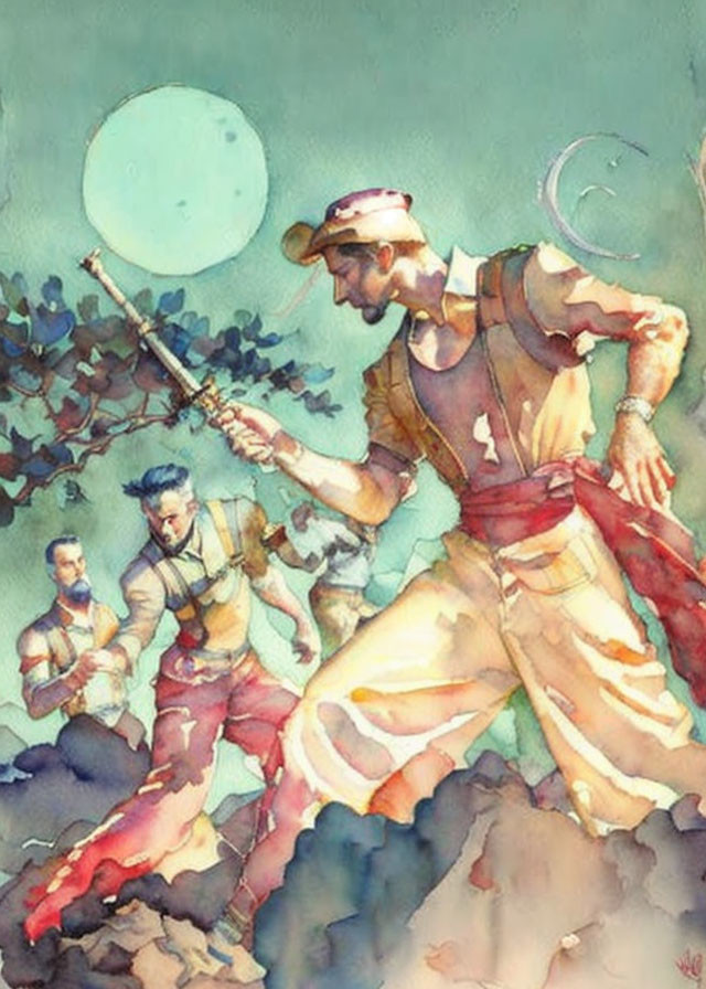 Three men in traditional dance under stylized moon and sun in watercolor painting