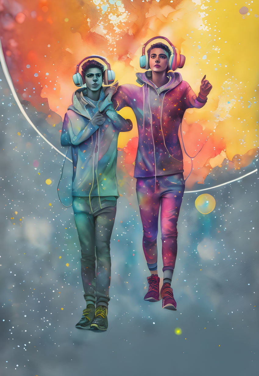 Colorful Hoodie Characters in Abstract Space with Headphones