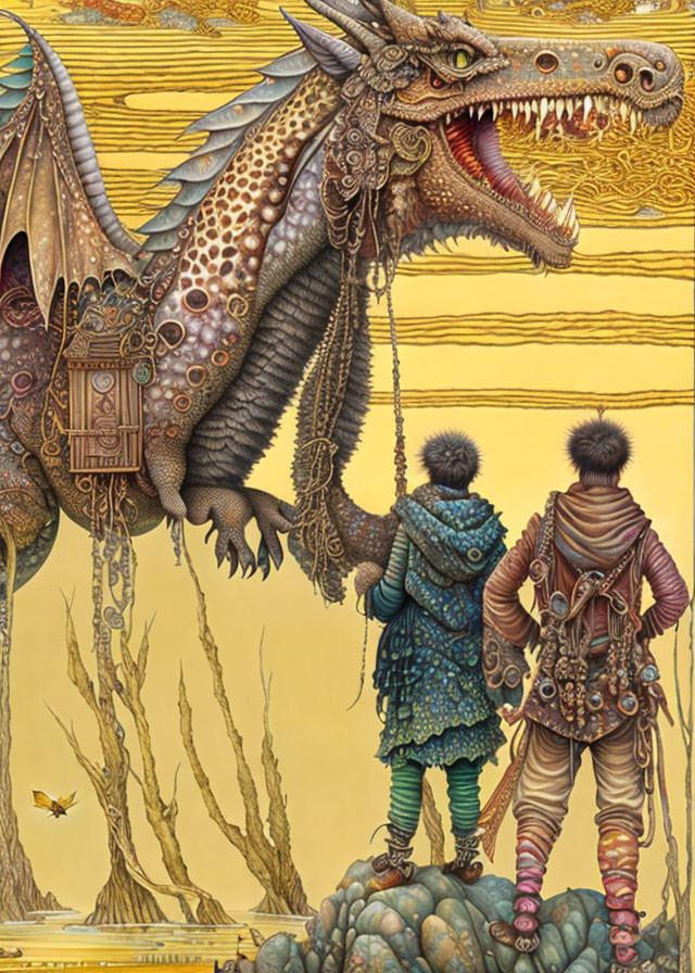 Two individuals in ornate attire confront a detailed mechanical dragon in a golden setting.