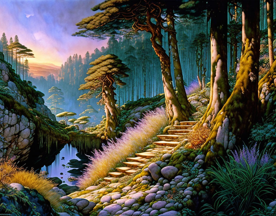 Tranquil forest river scene with stone stairway