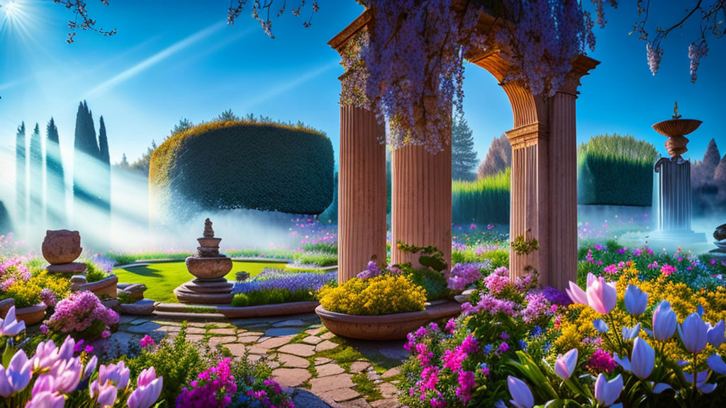 Blooming garden with fountain, hedges, and archway in serene setting