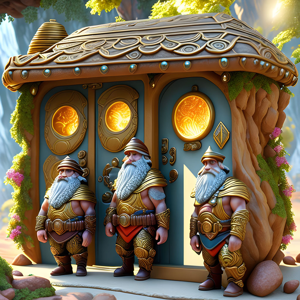 Stylized dwarves in front of whimsical house in enchanted forest