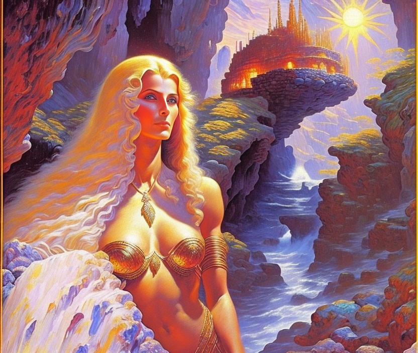 Fantasy artwork: Woman with long hair, headdress, mystical waterfall, castle, bright sun