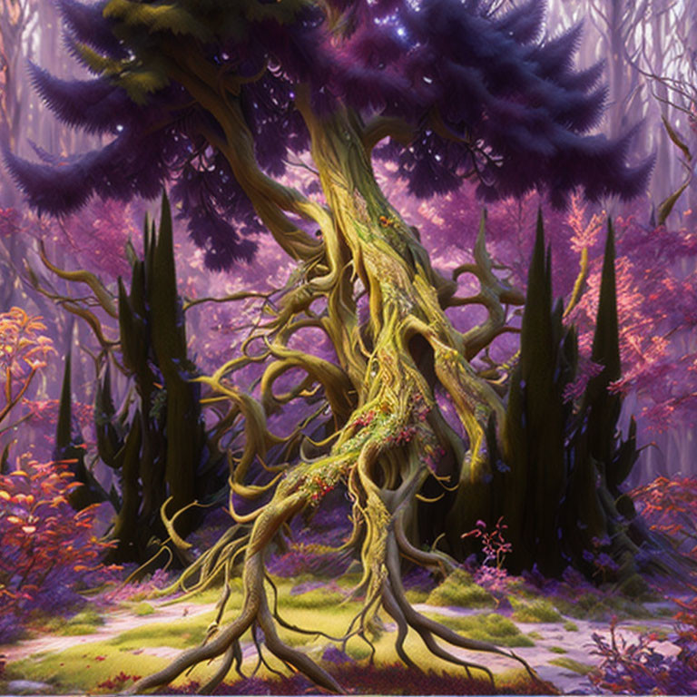 Golden twisted tree in misty forest with purple foliage