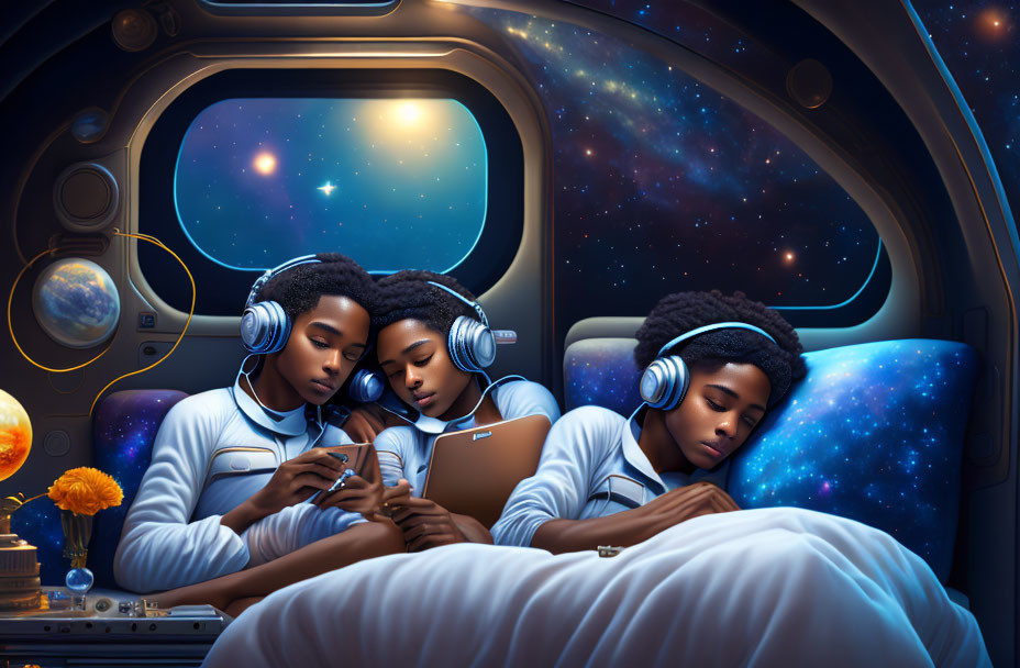 Three people with headphones in spacecraft observing stars through window.