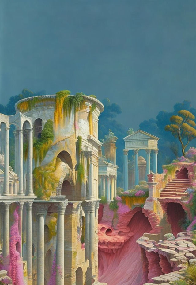 Vibrant ancient ruins with colorful flora and pink-hued formations