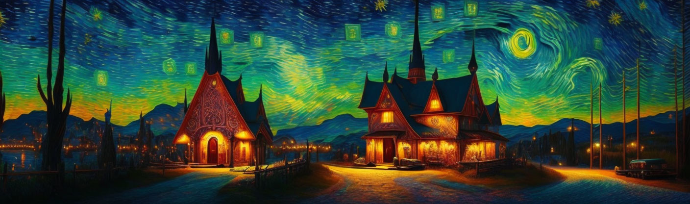 Panoramic image with Van Gogh's Starry Night style village scene