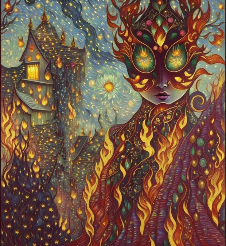 Stylized painting of figure with fiery hair & mask-like face in whimsical setting