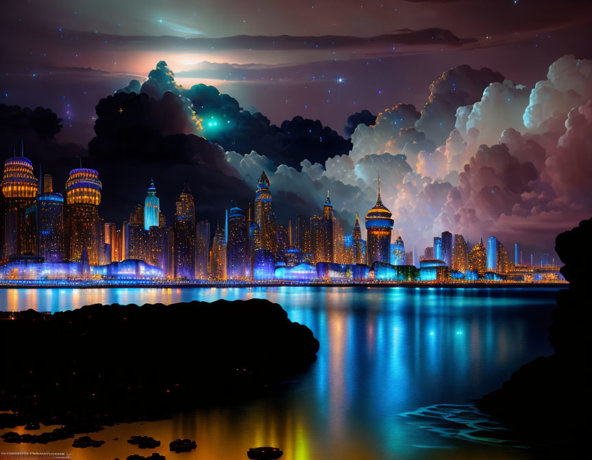 Night city skyline reflected on water under starry sky