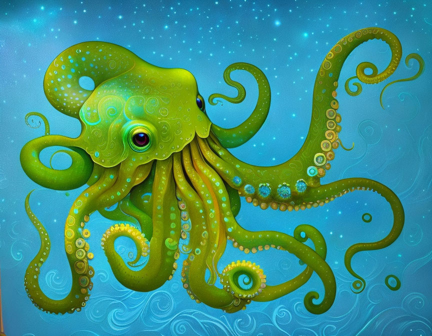 Colorful Green Octopus with Intricate Tentacle Patterns on Starry Blue Background