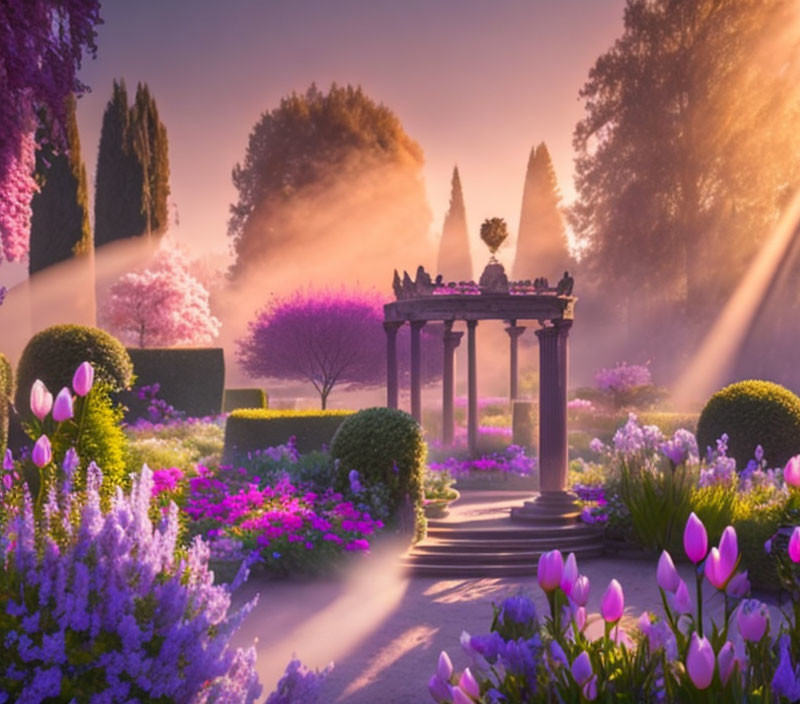 Tranquil Sunrise Garden with Flowers, Gazebo, and Sunbeams