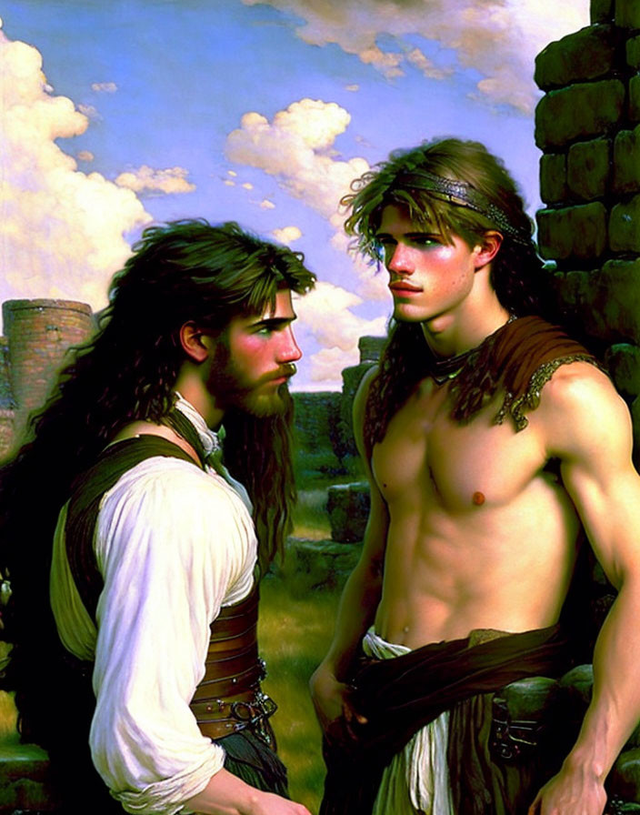 Two young men in pastoral setting, one shirtless, the other in white shirt, looking pensively