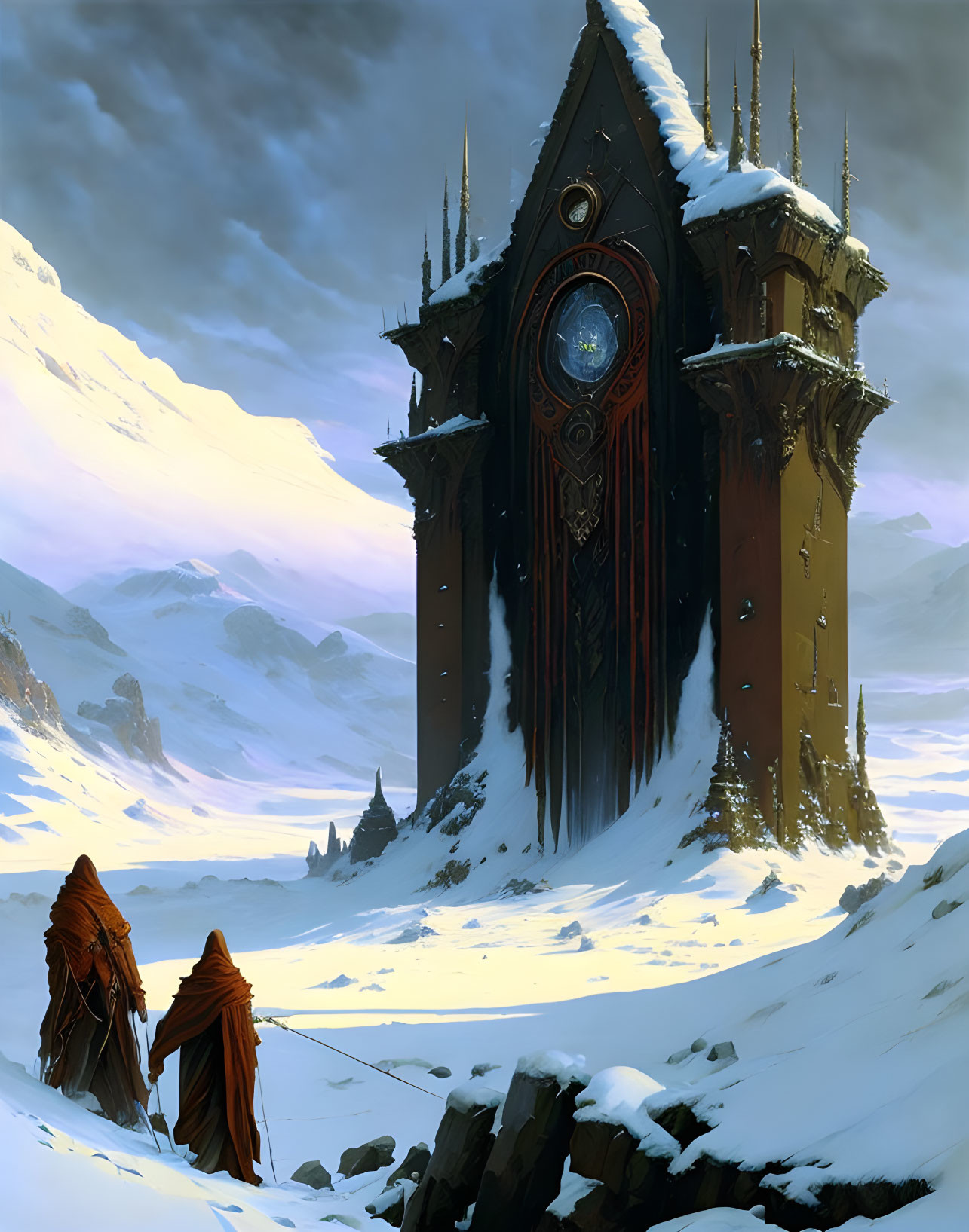 Cloaked figures at ornate door of snowy cliff-side fortress