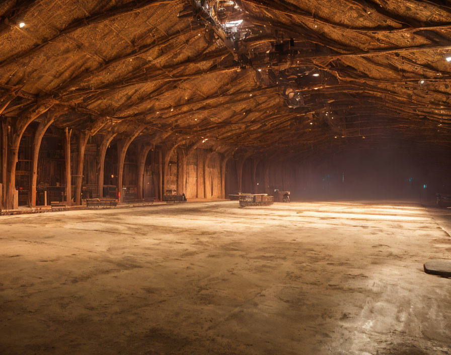 Rustic indoor hall with wooden arches and warm lighting