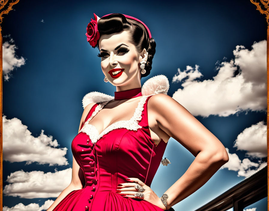 Vintage-style illustration: Woman in red dress with flower, against blue sky