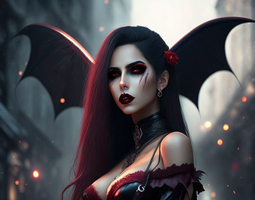 Gothic figure with dark angel wings and red rose in misty setting