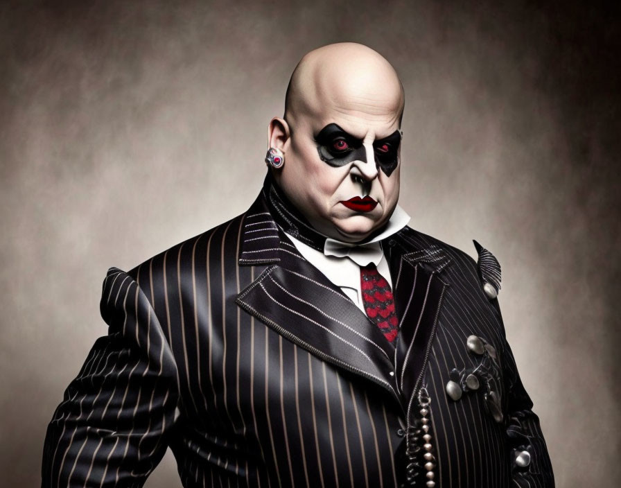 Bald person in pinstripe suit with dramatic makeup